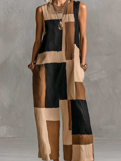 ElevenOra Chic Elegant Camel-Black Geometrical Colorblock Printed Round-Neck Sleeveless Loose-Fit Jumpsuit