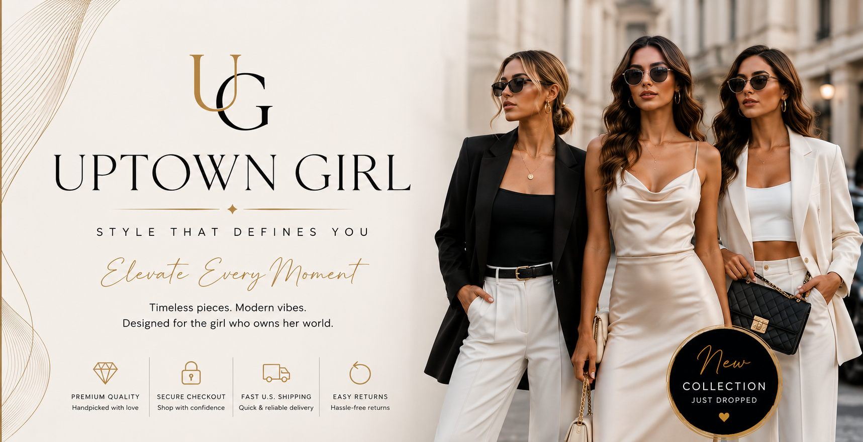 Three women in stylish outfits with 'Uptown Girl' branding and product details.