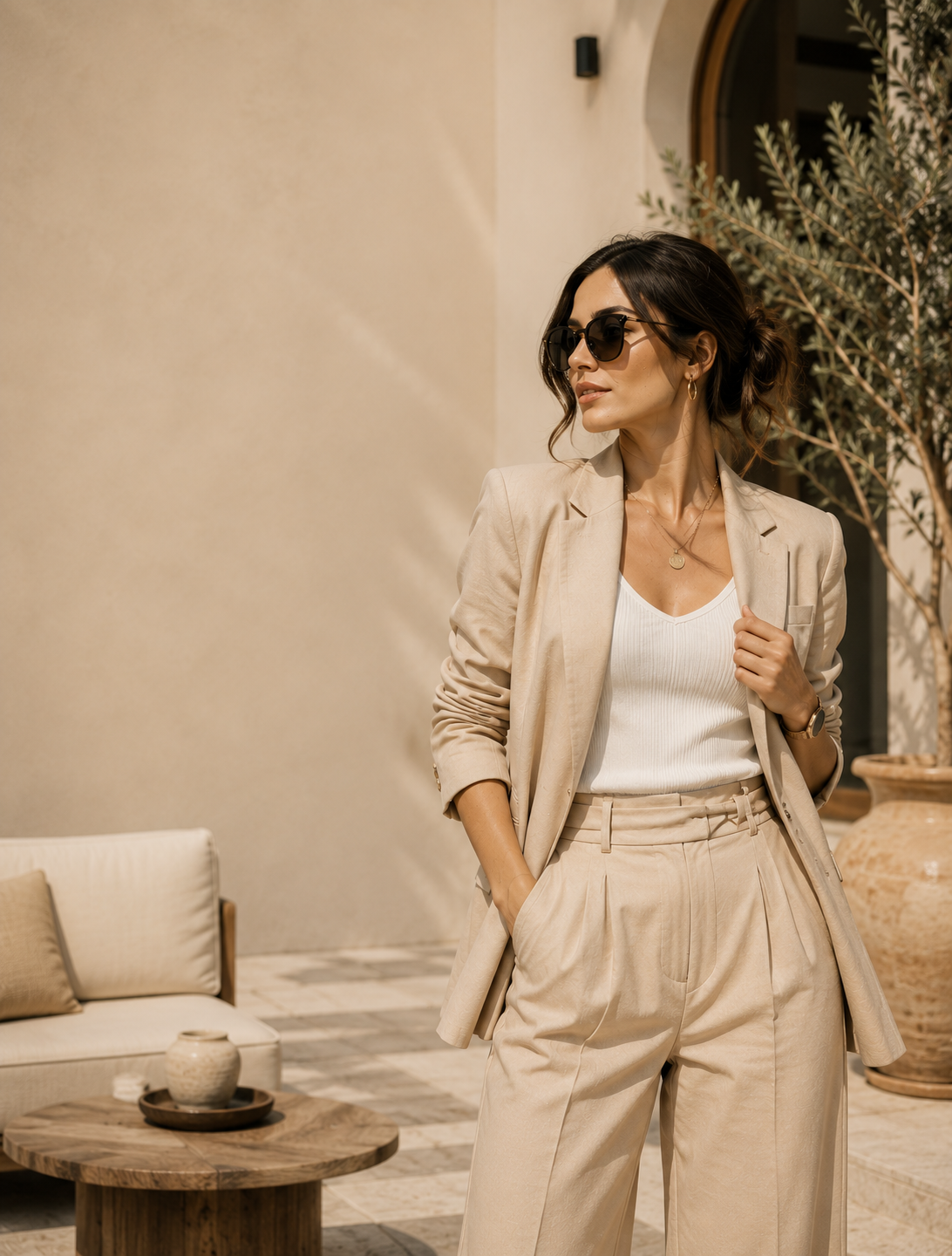 A woman wearing a beige tailored blazer and matching high-waisted trousers over a white ribbed tank top, styled with dark sunglasses, standing in a sunlit outdoor patio setting.