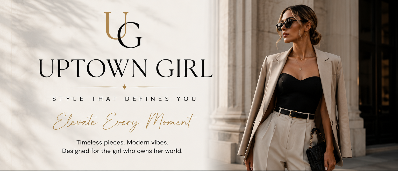 Woman in stylish outfit with 'Uptown Girl' branding and text about fashion and style.