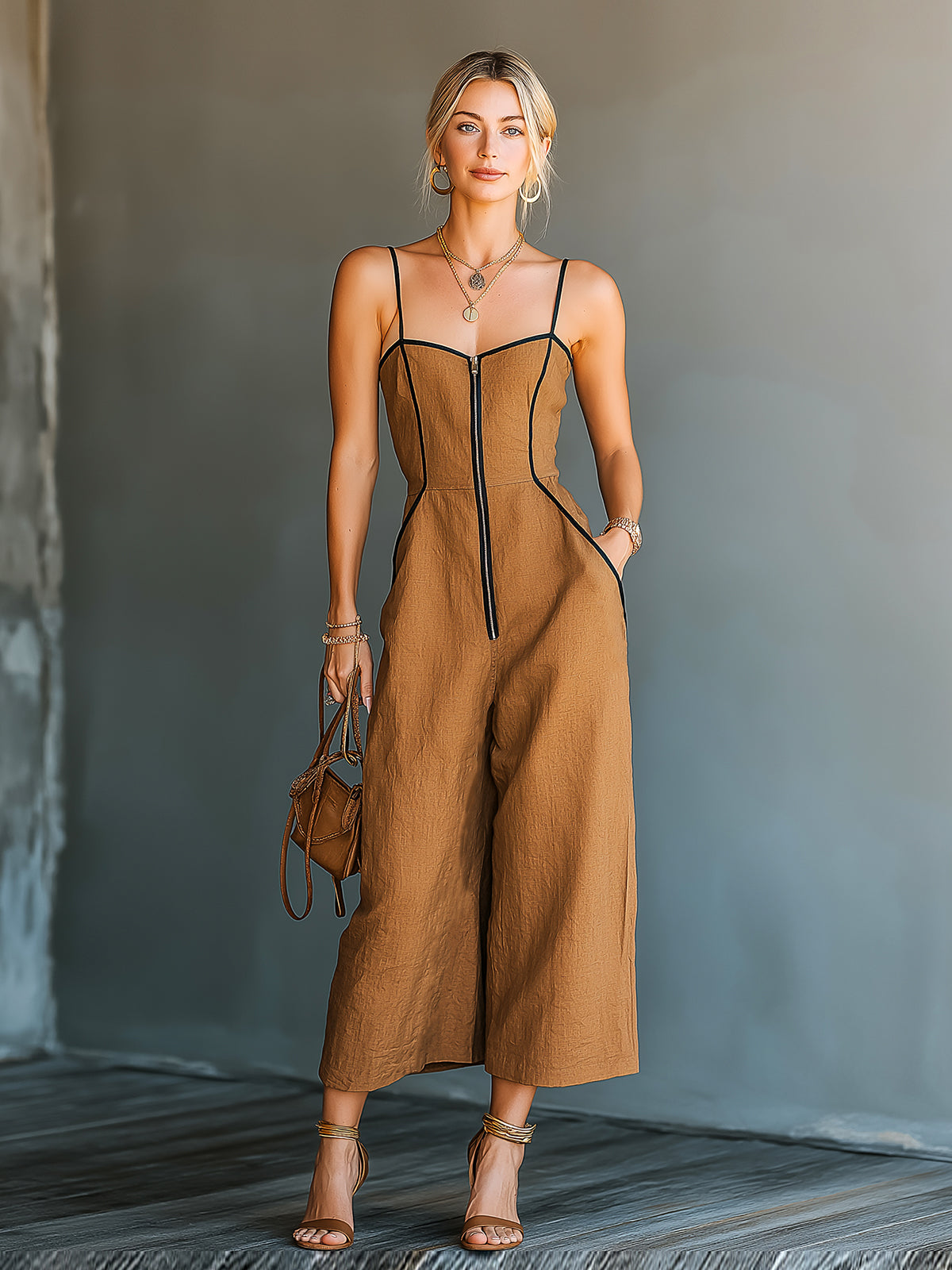 Woman wearing a brown jumpsuit with black accents, standing against a neutral background.