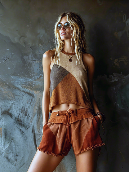Woman wearing a geometric-patterned sleeveless top and brown shorts against a textured wall.
