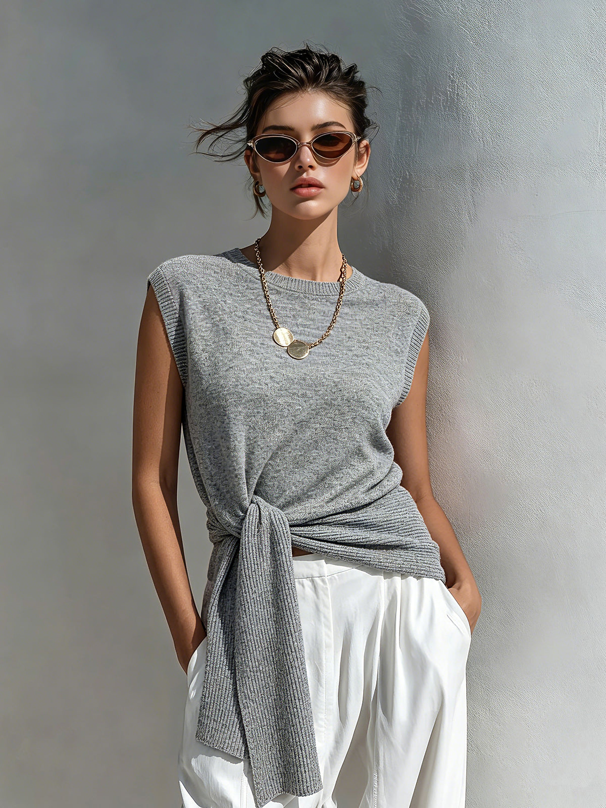 Woman wearing a gray sleeveless top with a knot detail and white pants against a plain background