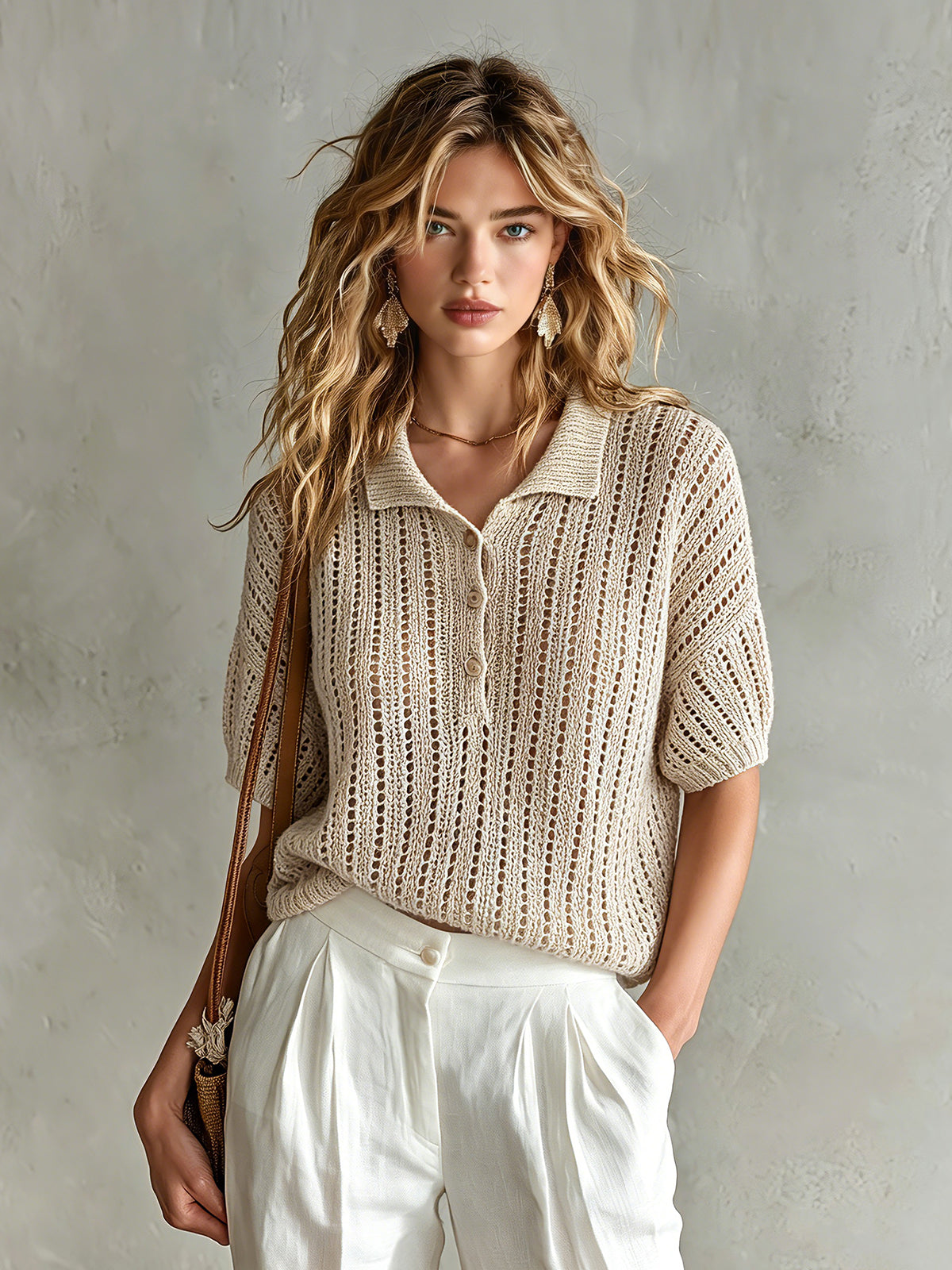 Woman wearing a beige knitted top and white pants against a gray background