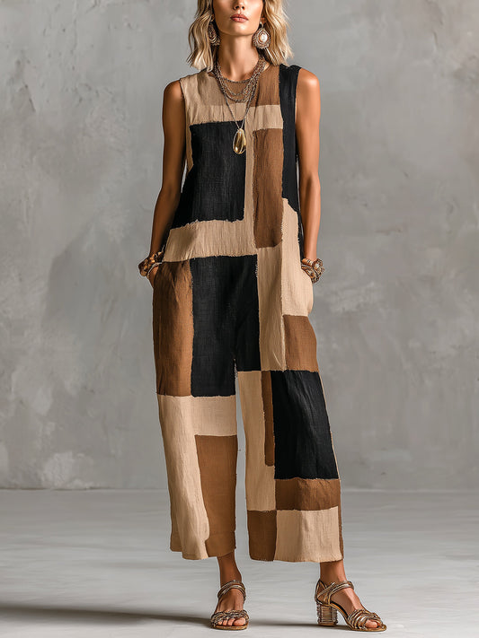 Woman wearing a patchwork jumpsuit against a gray background