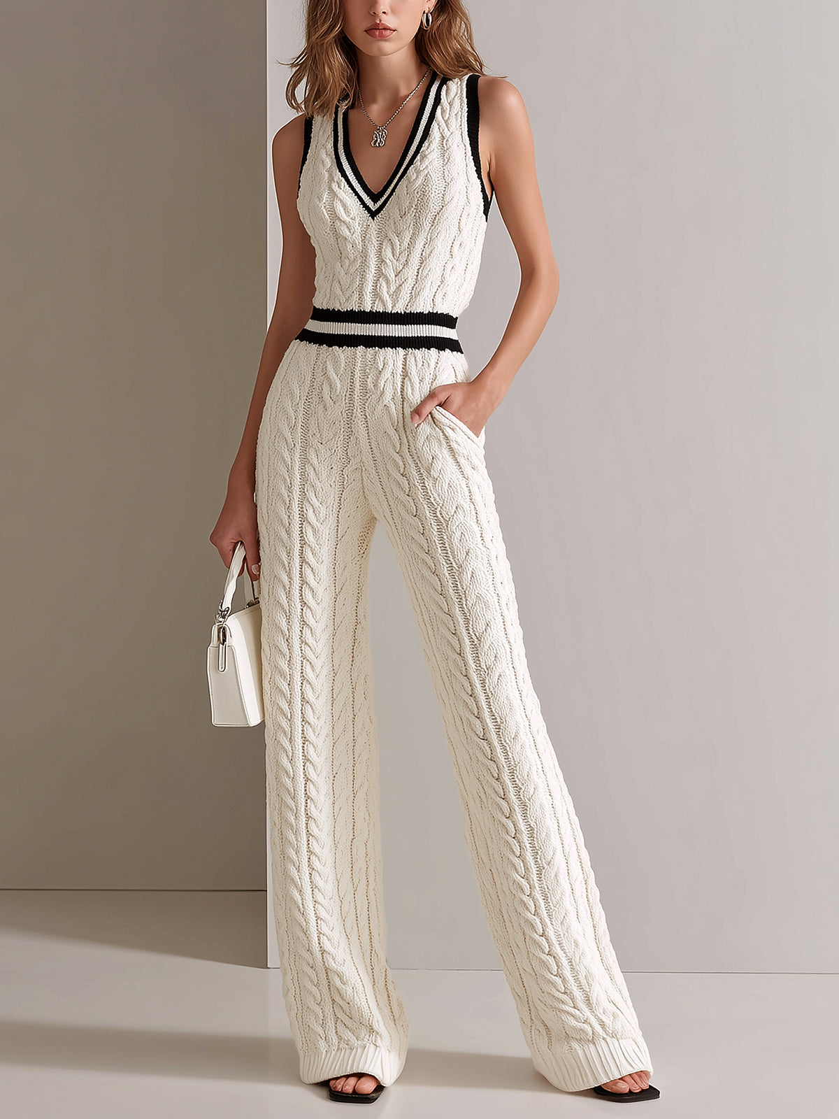 Woman wearing a white cable knit jumpsuit with black accents against a plain background