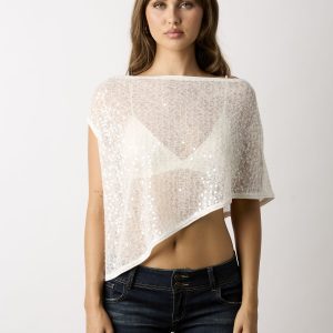 White Sequin Asymmetric Poncho Top