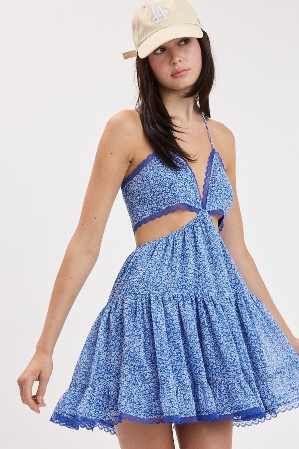 Blue Floral Halter Dress
