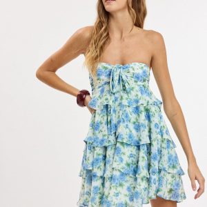 Blue Floral Ruffle Mini Dress