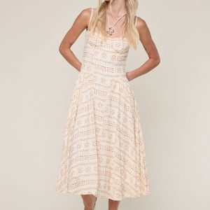Orange Boho Print Corset Midi Dress