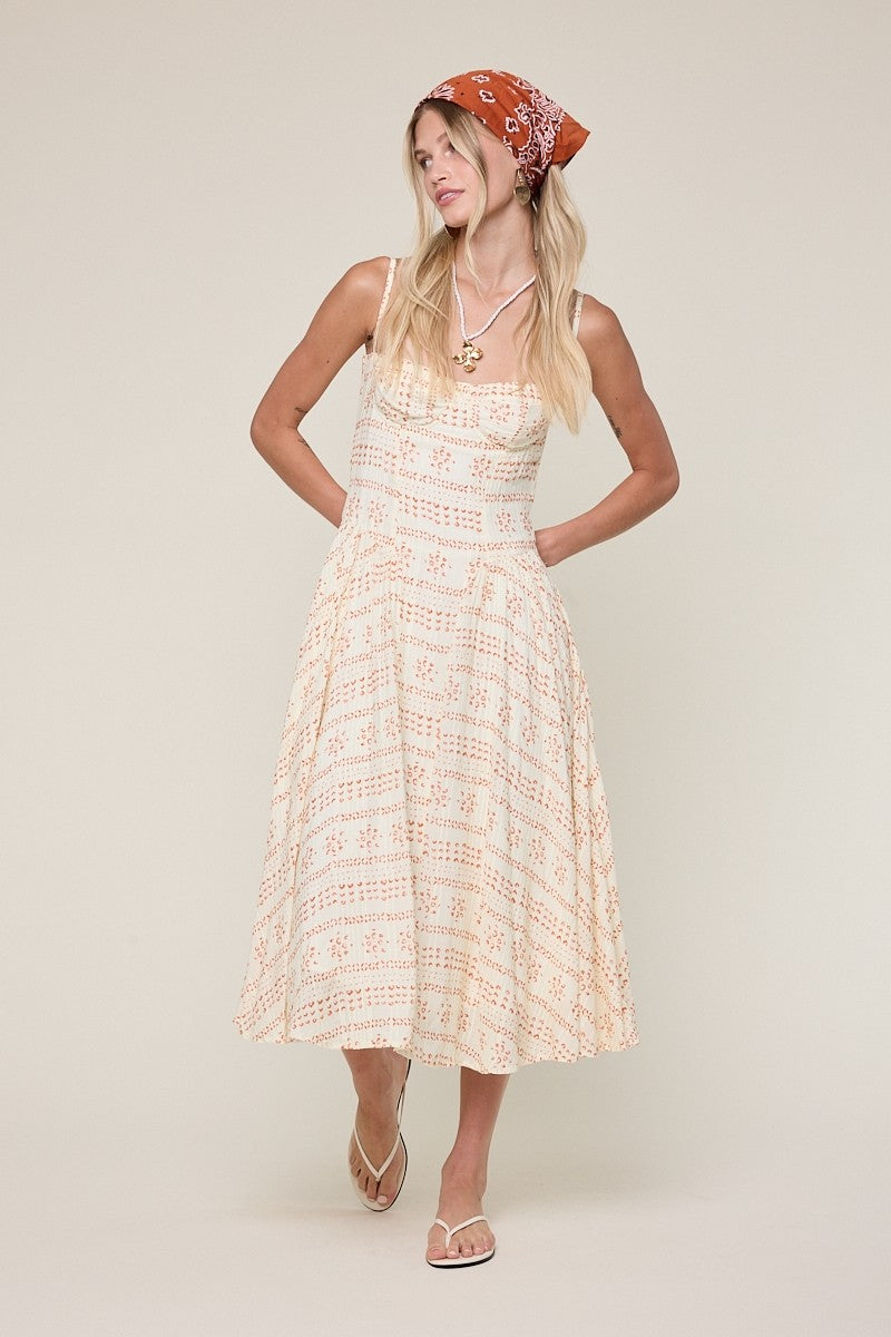 Orange Boho Print Corset Midi Dress