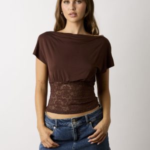 Brown Off-The-Shoulder Lace Top